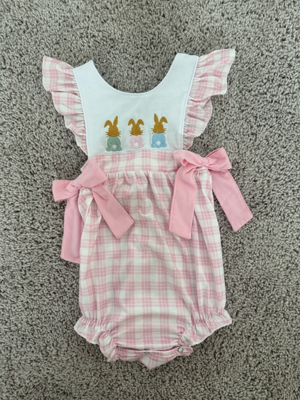 Pink Plaid Baby Bubble Romper with Bunny Smocking